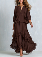 Ondine | Completo Top Chiffon Marrone con Frange e Gonna a Volant