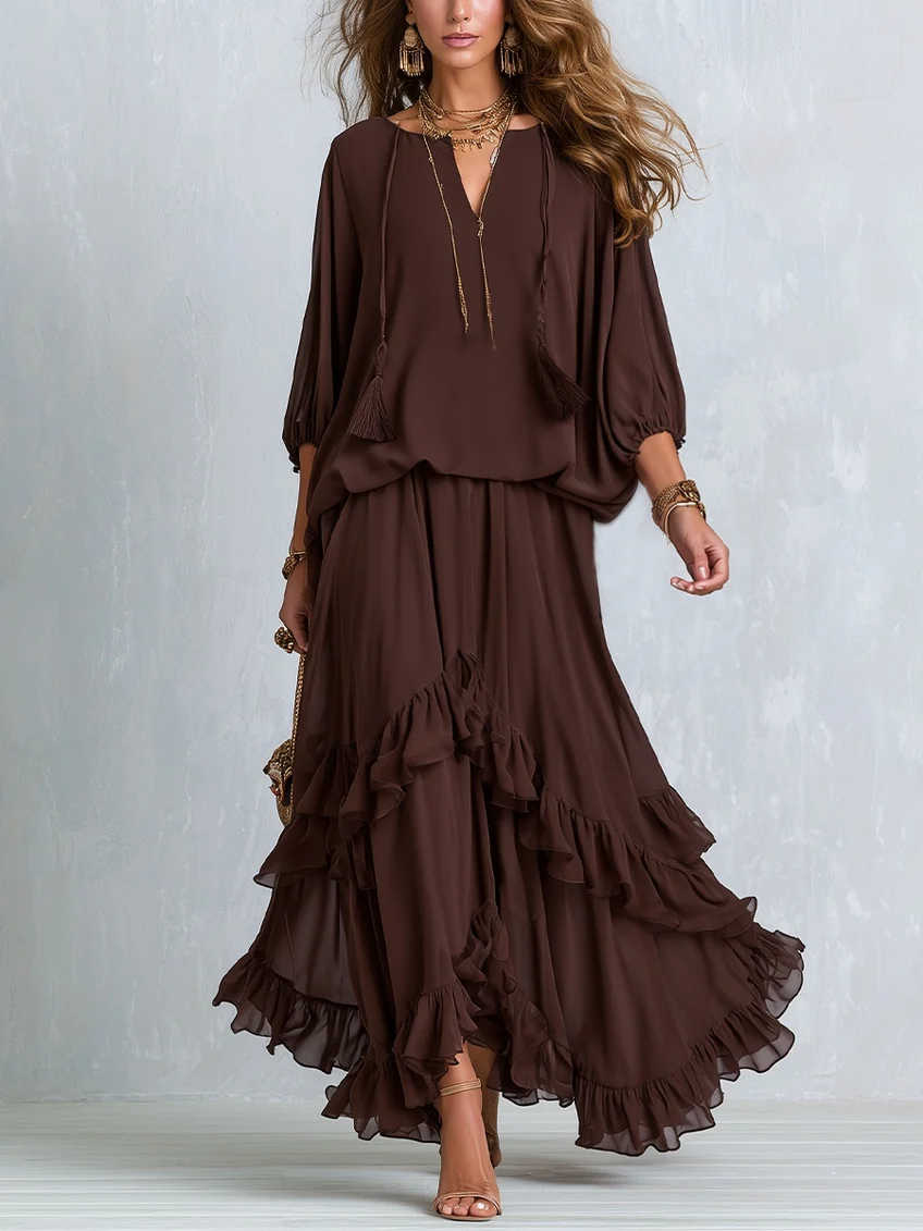Ondine | Completo Top Chiffon Marrone con Frange e Gonna a Volant