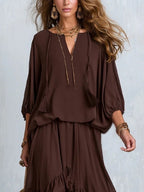Ondine | Completo Top Chiffon Marrone con Frange e Gonna a Volant
