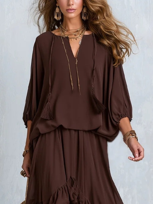 Ondine | Completo Top Chiffon Marrone con Frange e Gonna a Volant