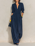 Azurine | Abito Lungo Plissettato Blu Navy con Scollo a V