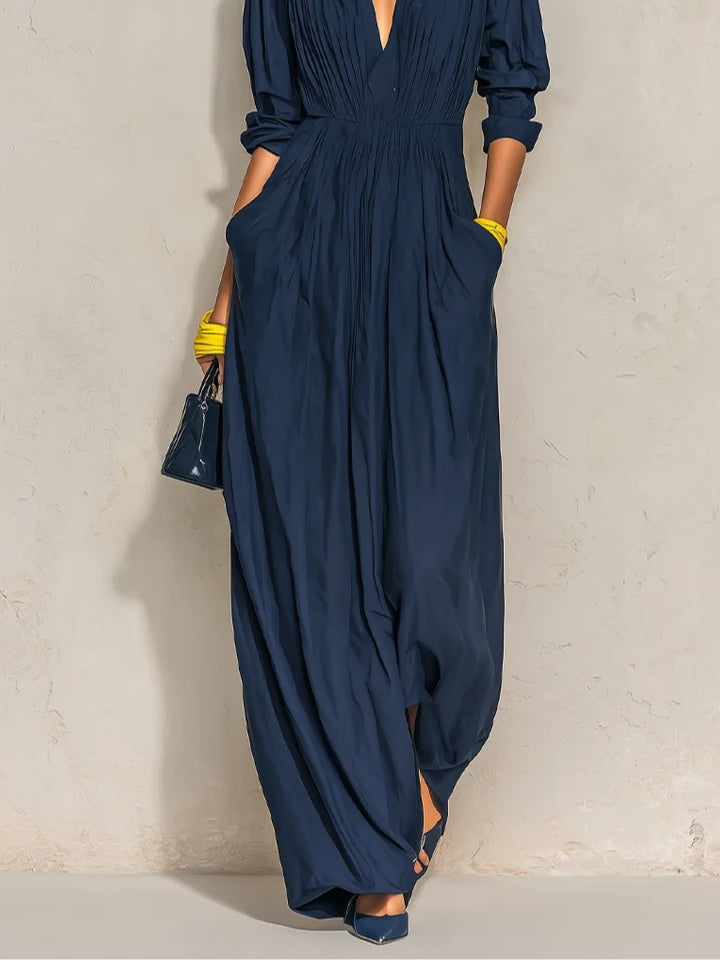 Azurine | Abito Lungo Plissettato Blu Navy con Scollo a V