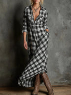 Margaux | Vestito Chemisier Lungo con Colletto Vichy Verde