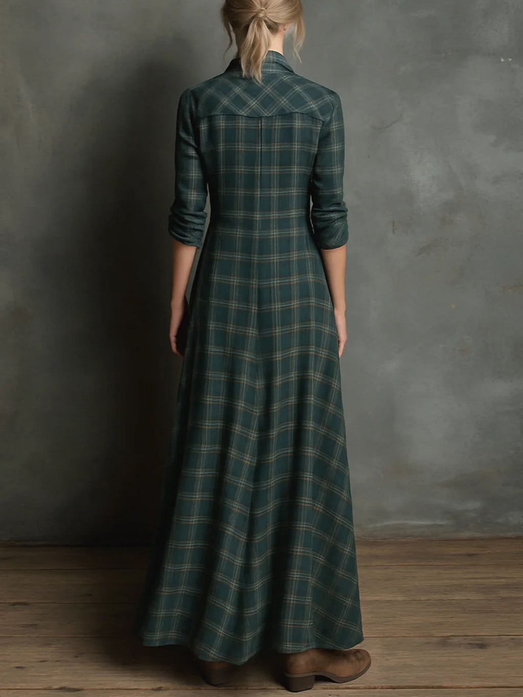 Margaux | Vestito Chemisier Lungo con Colletto Vichy Verde