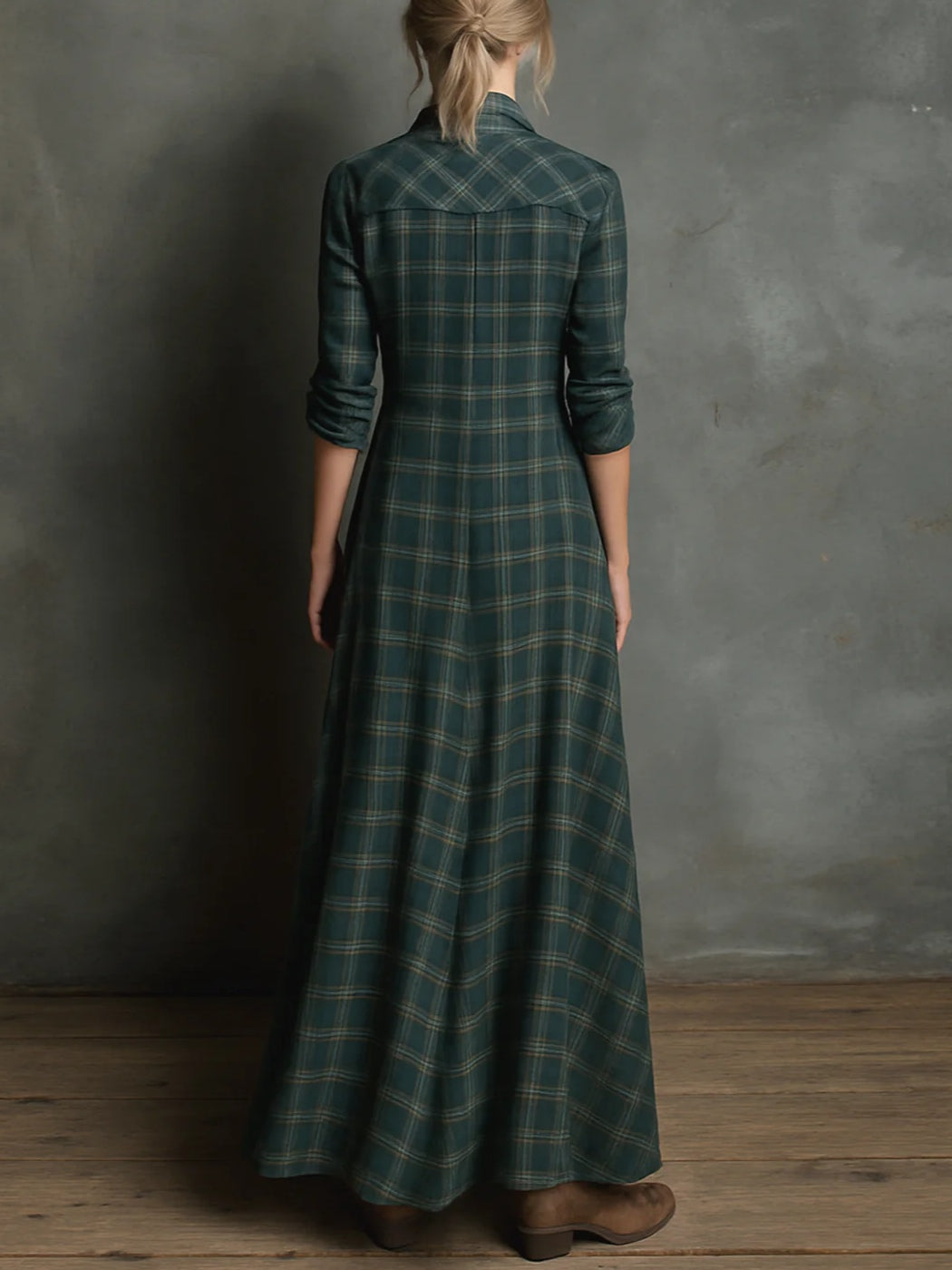 Margaux | Vestito Chemisier Lungo con Colletto Vichy Verde