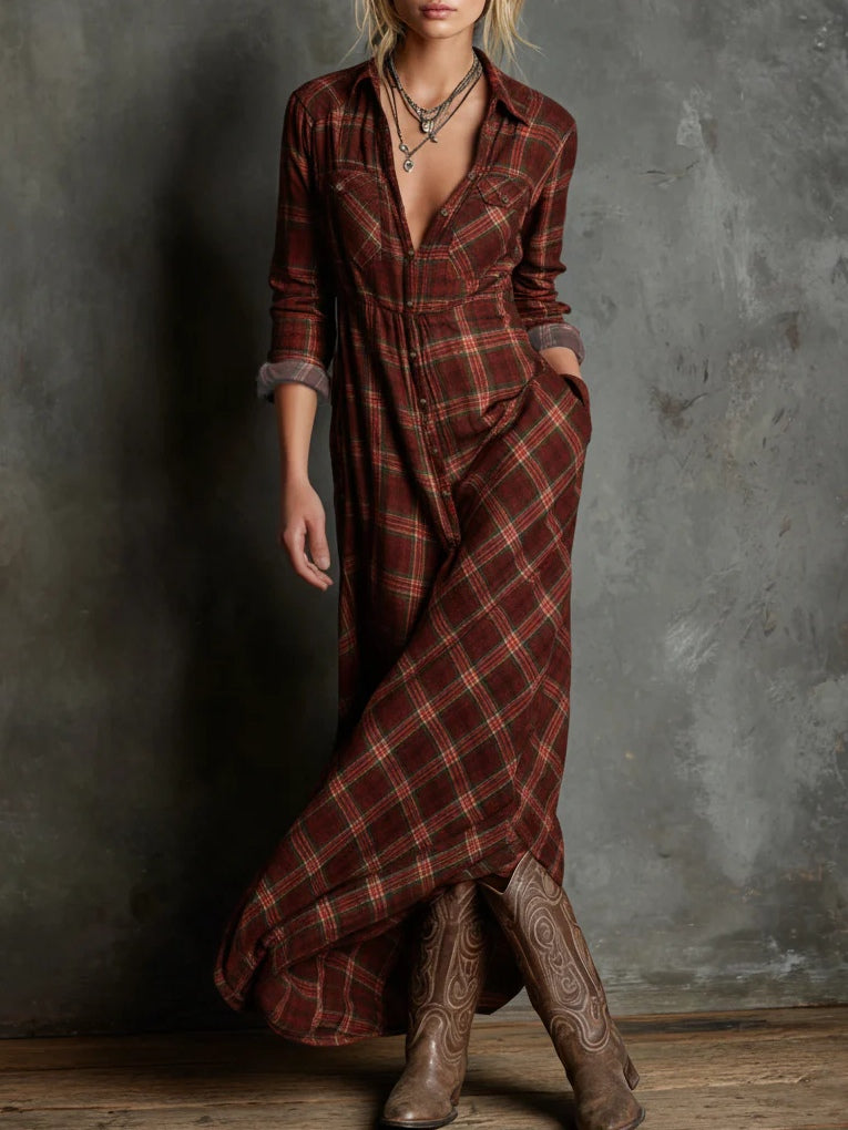 Margaux | Vestito Chemisier Lungo con Colletto Vichy Verde