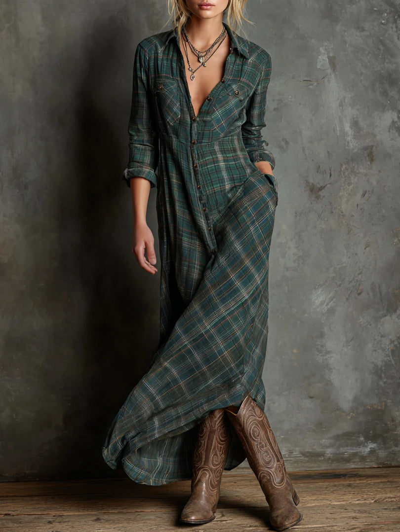 Margaux | Vestito Chemisier Lungo con Colletto Vichy Verde