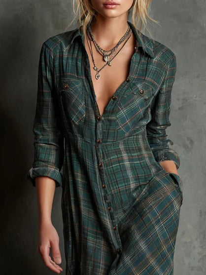 Margaux | Vestito Chemisier Lungo con Colletto Vichy Verde