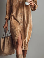 Béatrice | Vestito Midi in Velluto a Coste con Tasche e Bottone Unico