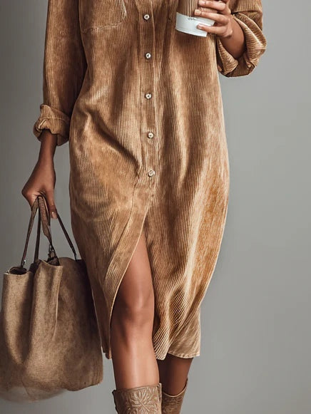 Béatrice | Vestito Midi in Velluto a Coste con Tasche e Bottone Unico