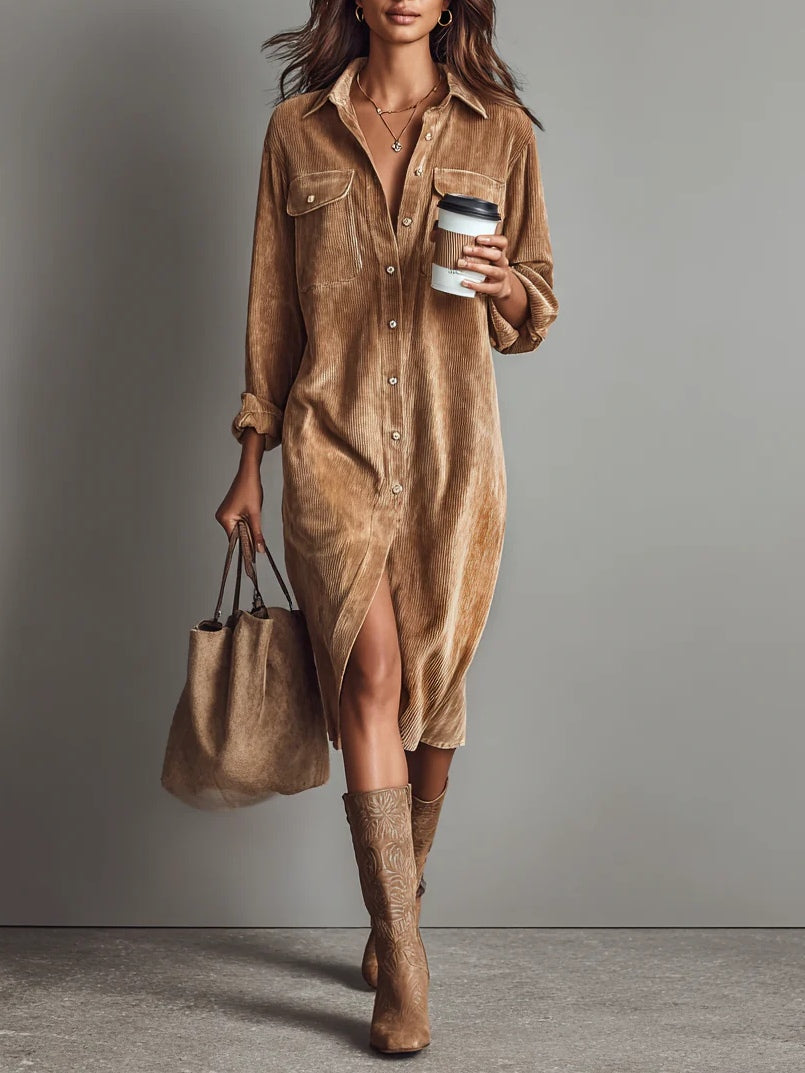 Béatrice | Vestito Midi in Velluto a Coste con Tasche e Bottone Unico