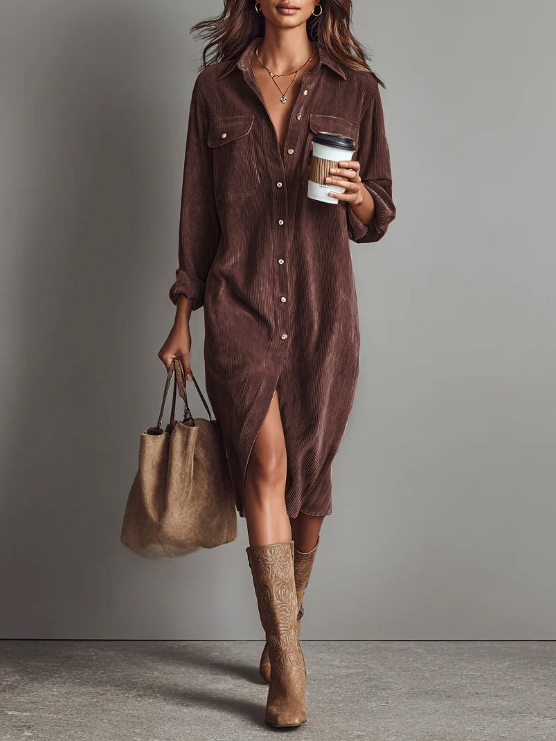 Béatrice | Vestito Midi in Velluto a Coste con Tasche e Bottone Unico