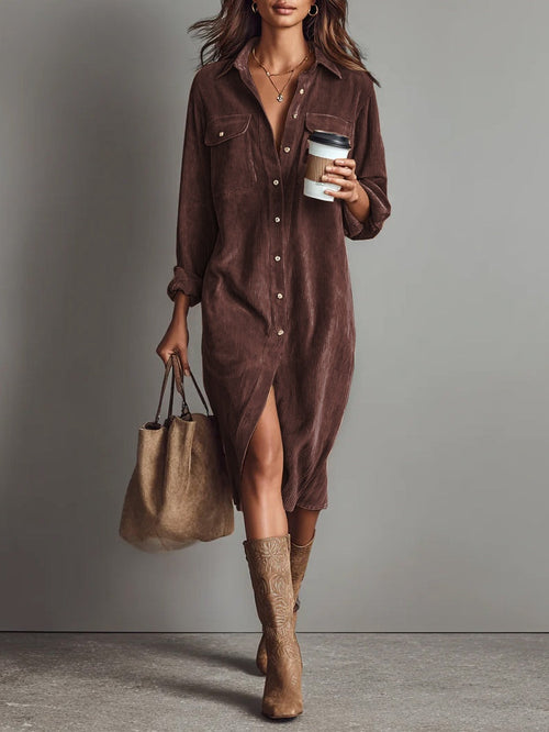 Béatrice | Vestito Midi in Velluto a Coste con Tasche e Bottone Unico