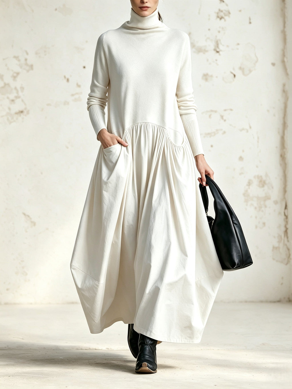 Odette | Abito Lungo Nero Oversize con Collo Alto