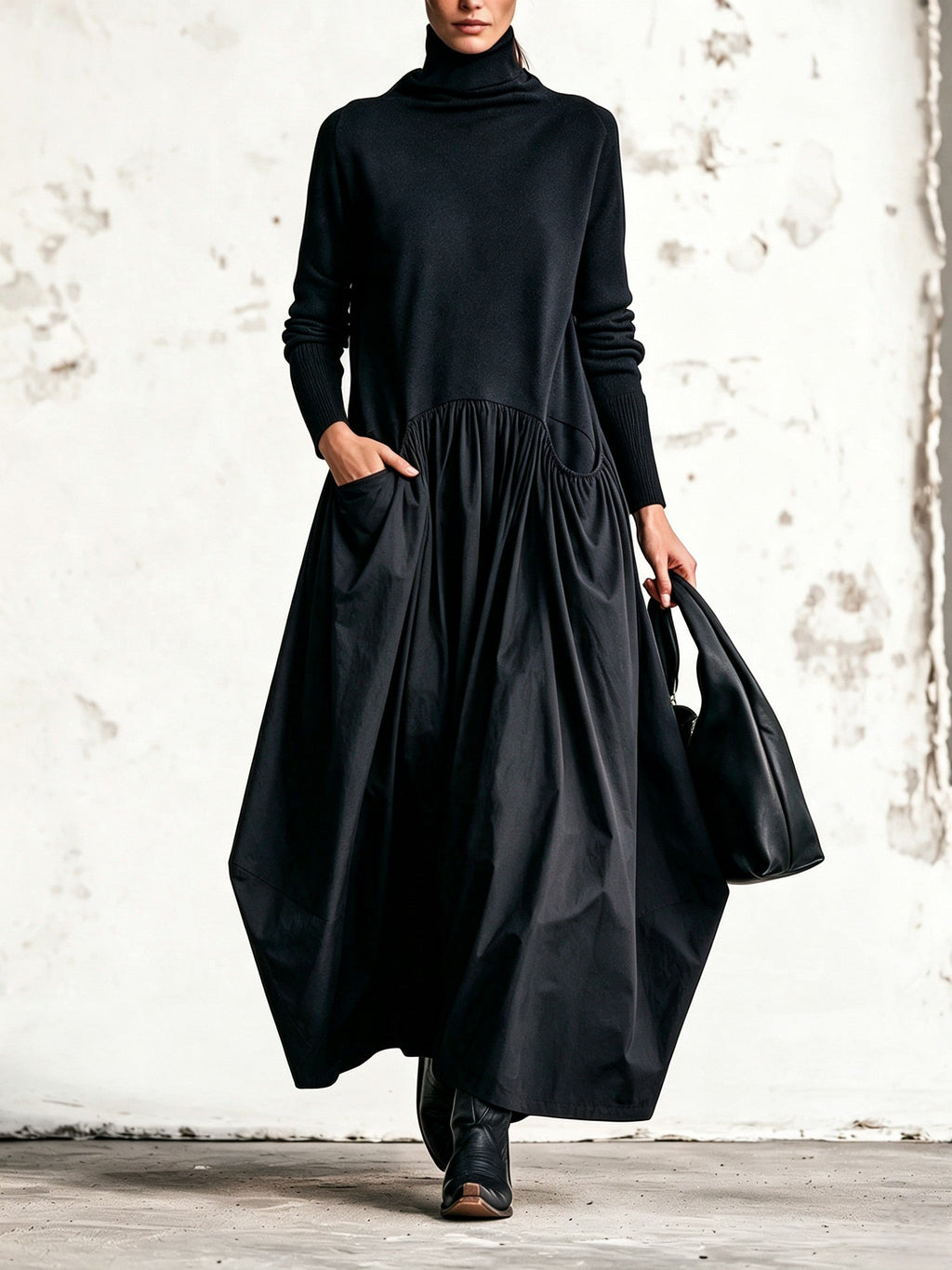 Odette | Abito Lungo Nero Oversize con Collo Alto