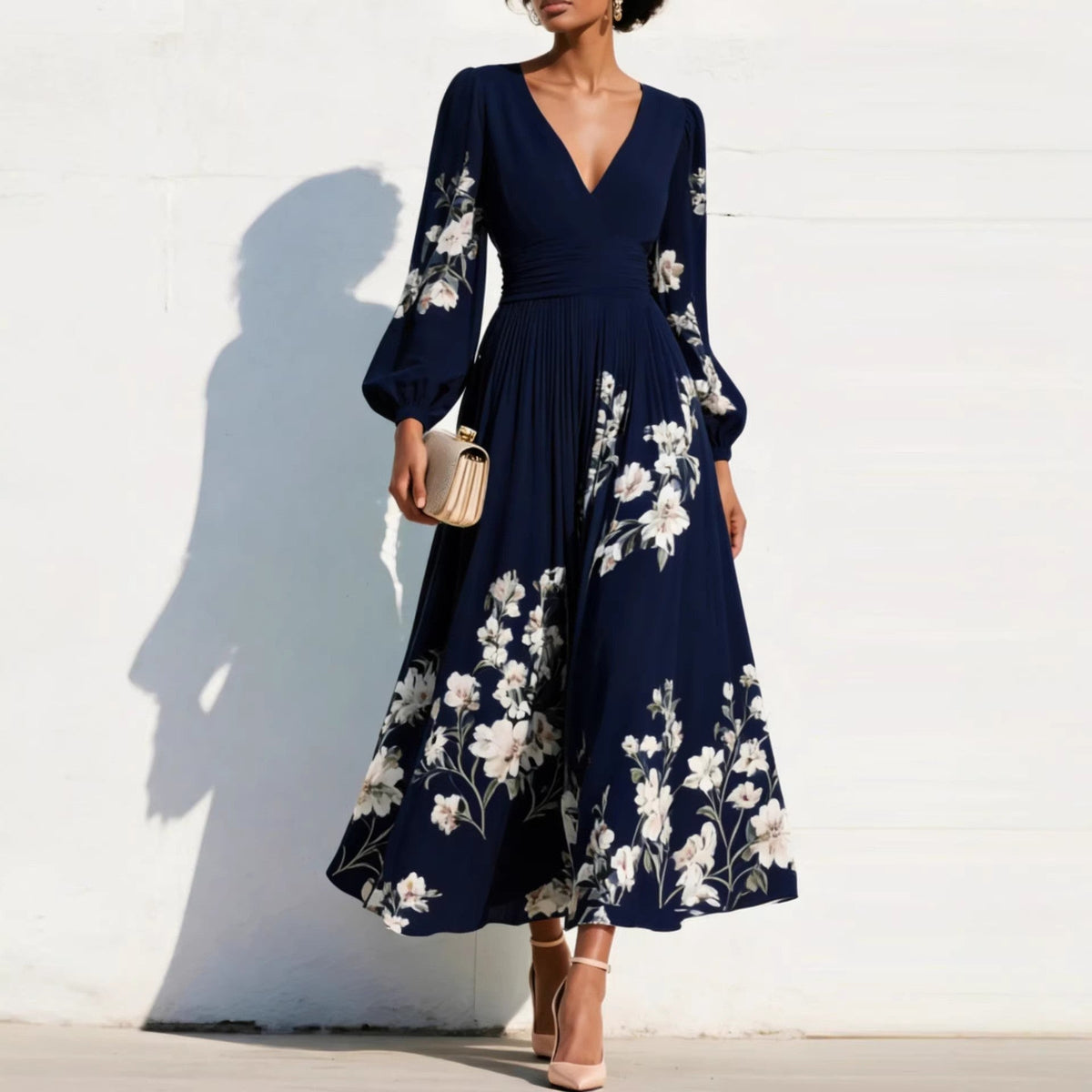Vestito Midi con Maniche a Sbuffo