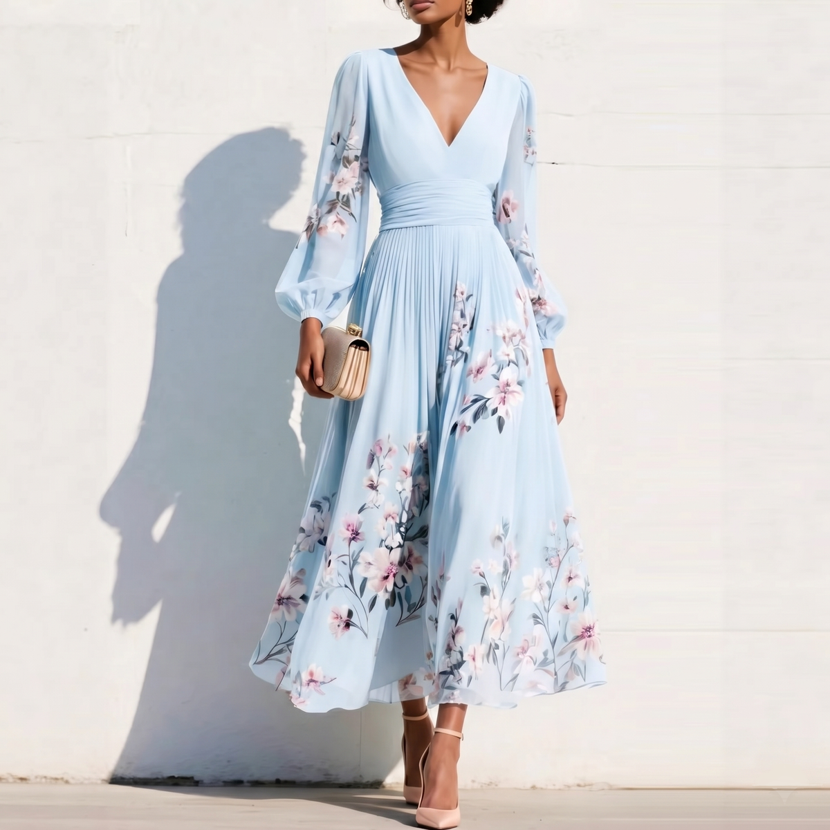 Vestito Midi con Maniche a Sbuffo
