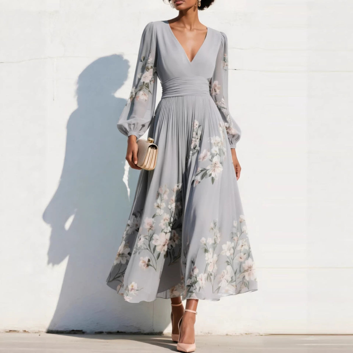 Vestito Midi con Maniche a Sbuffo