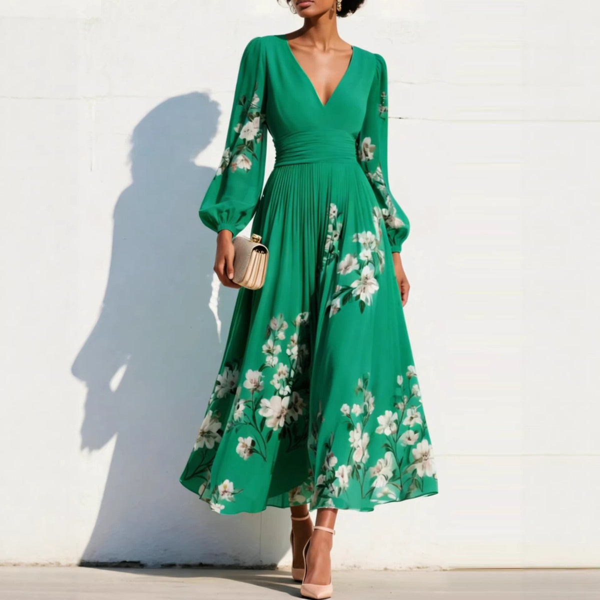 Vestito Midi con Maniche a Sbuffo