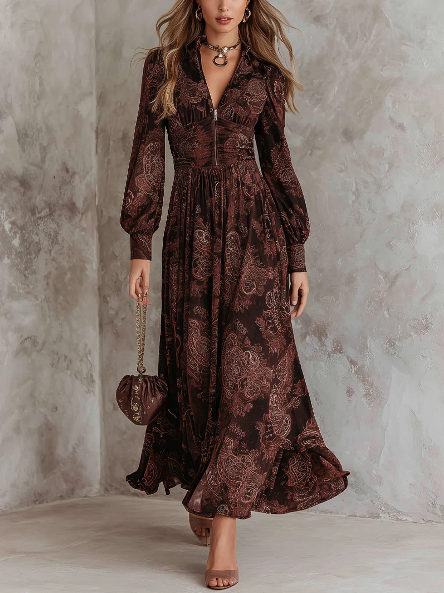 Oriane | Abito Lungo a Vita Alta con Zip e Stampa Paisley Marrone