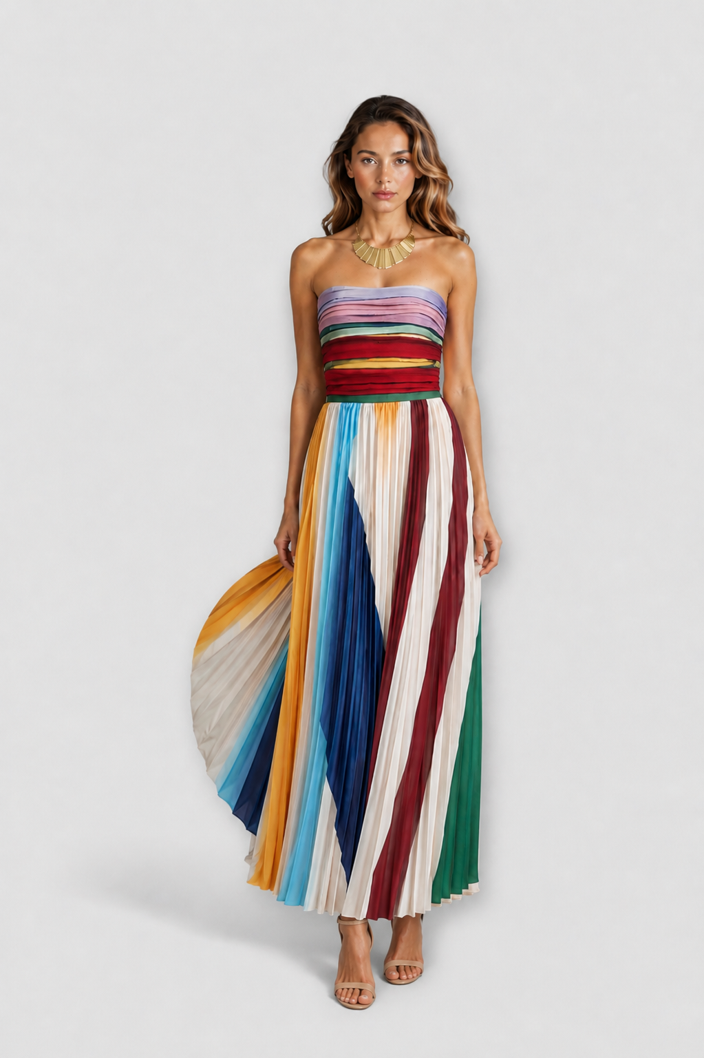 Vestito Maxi Plissettato Senza Spalline