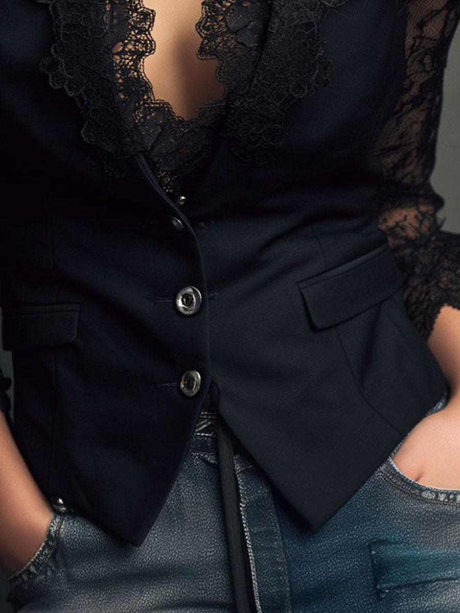 Noémie | Top Blazer Nero con Maniche Semi-Trasparenti