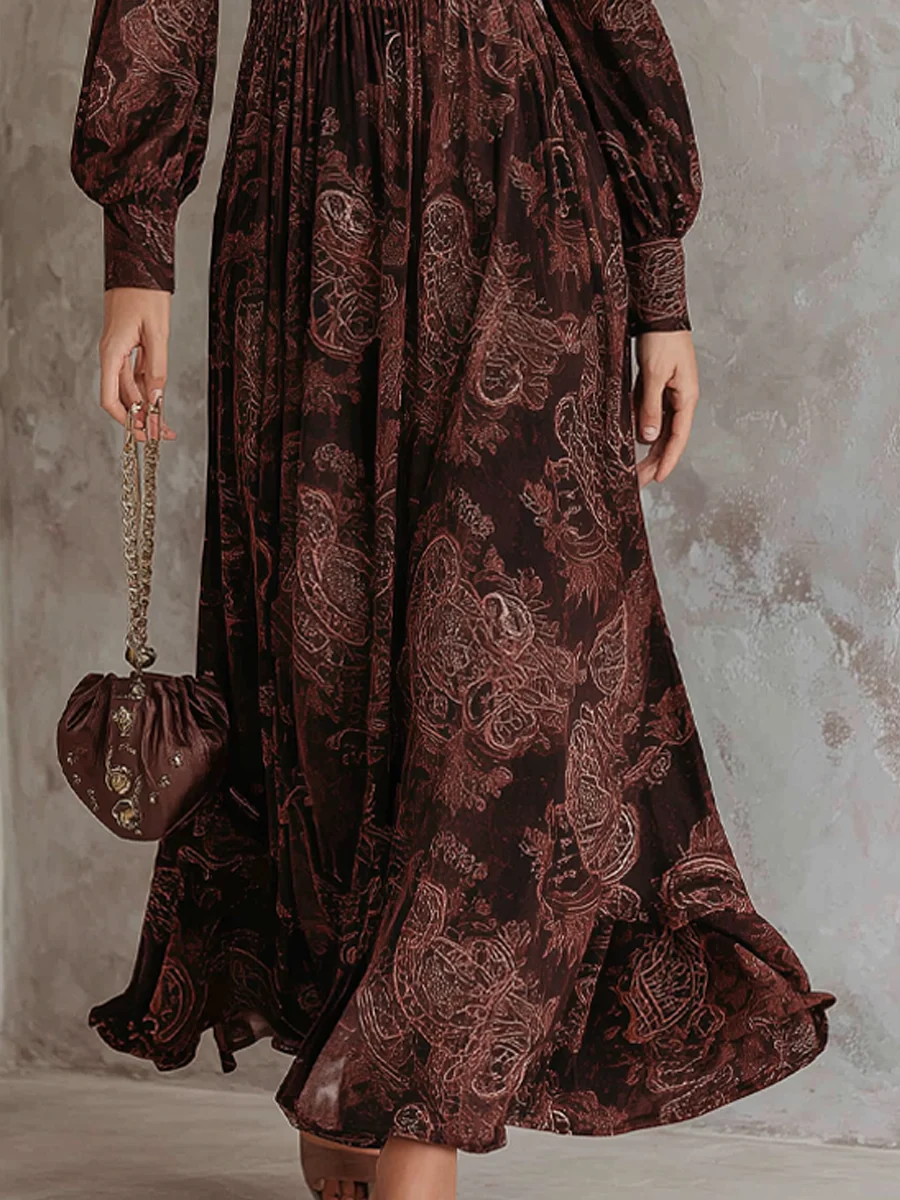 Oriane | Abito Lungo a Vita Alta con Zip e Stampa Paisley Marrone