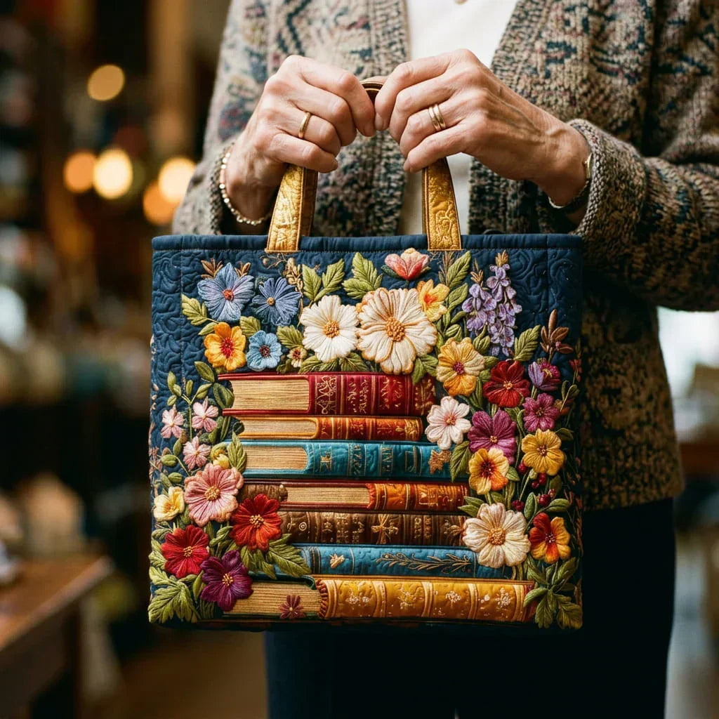 Borsa shopper artigianale - Stampa floreale e libri