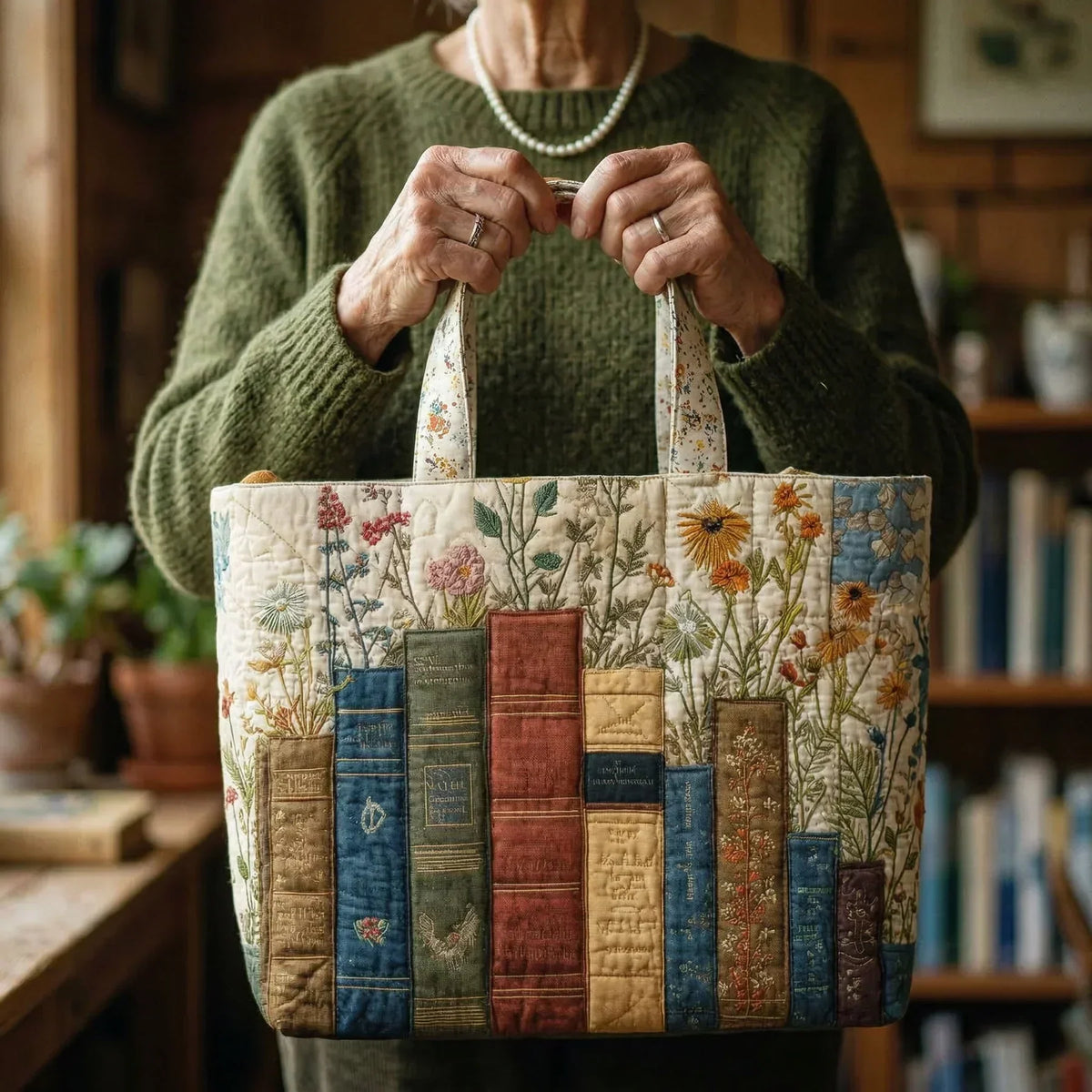 Borsa trapuntata artigianale - Libri e fiori
