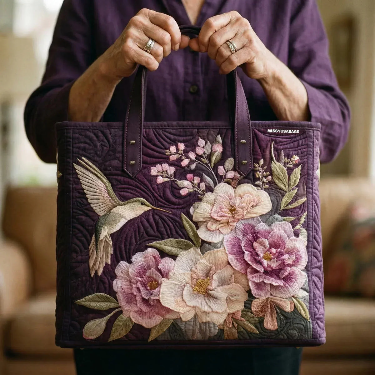 Borsa trapuntata artigianale - Colibrì e orchidee