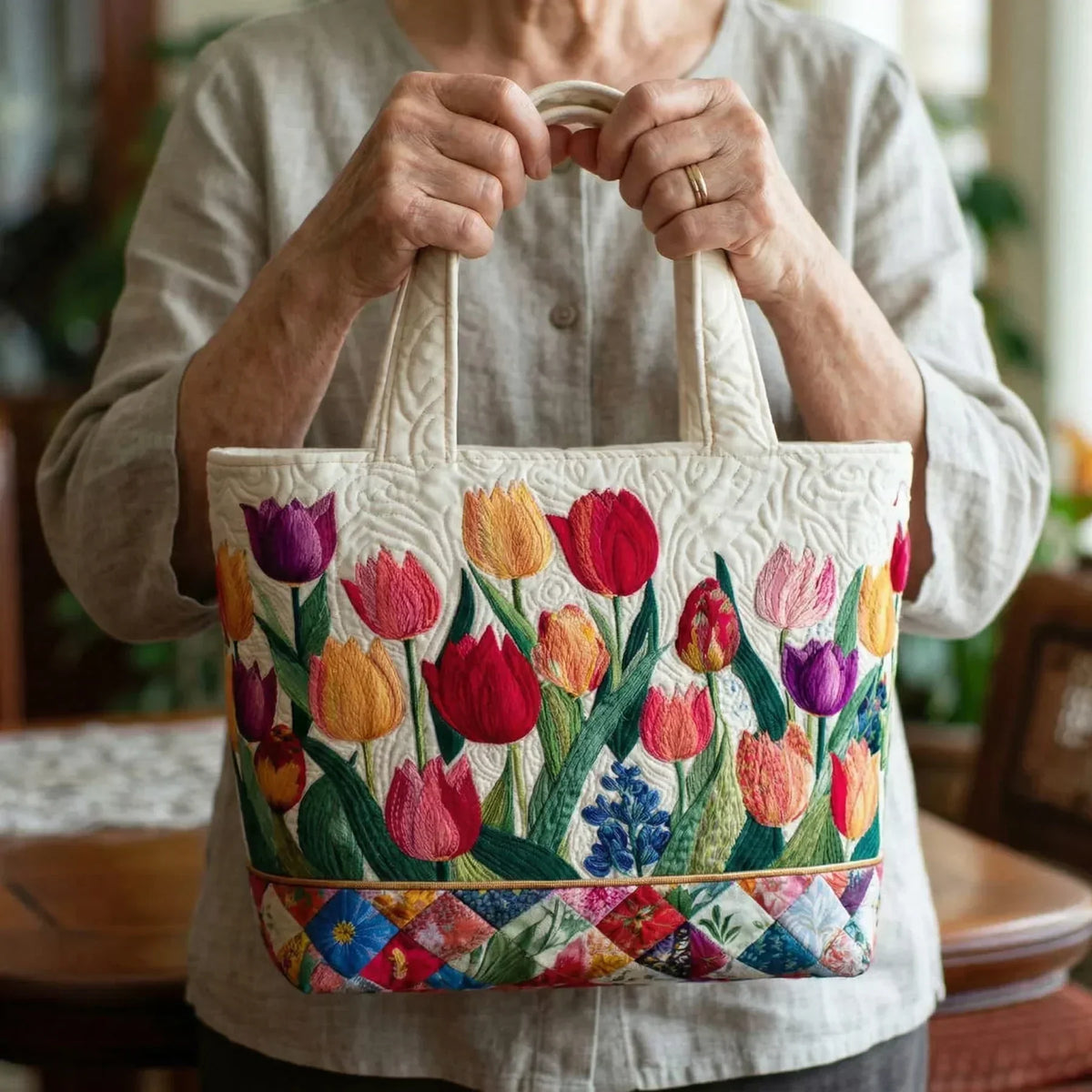 Borsa shopper trapuntata - Giardino di tulipani
