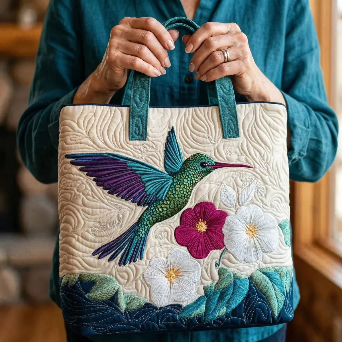 Borsa trapuntata - Colibrì e fiore bianco
