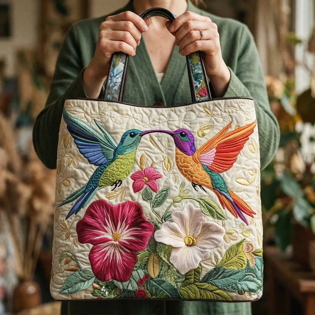 Borsa trapuntata - Colibrì e fiori bianchi