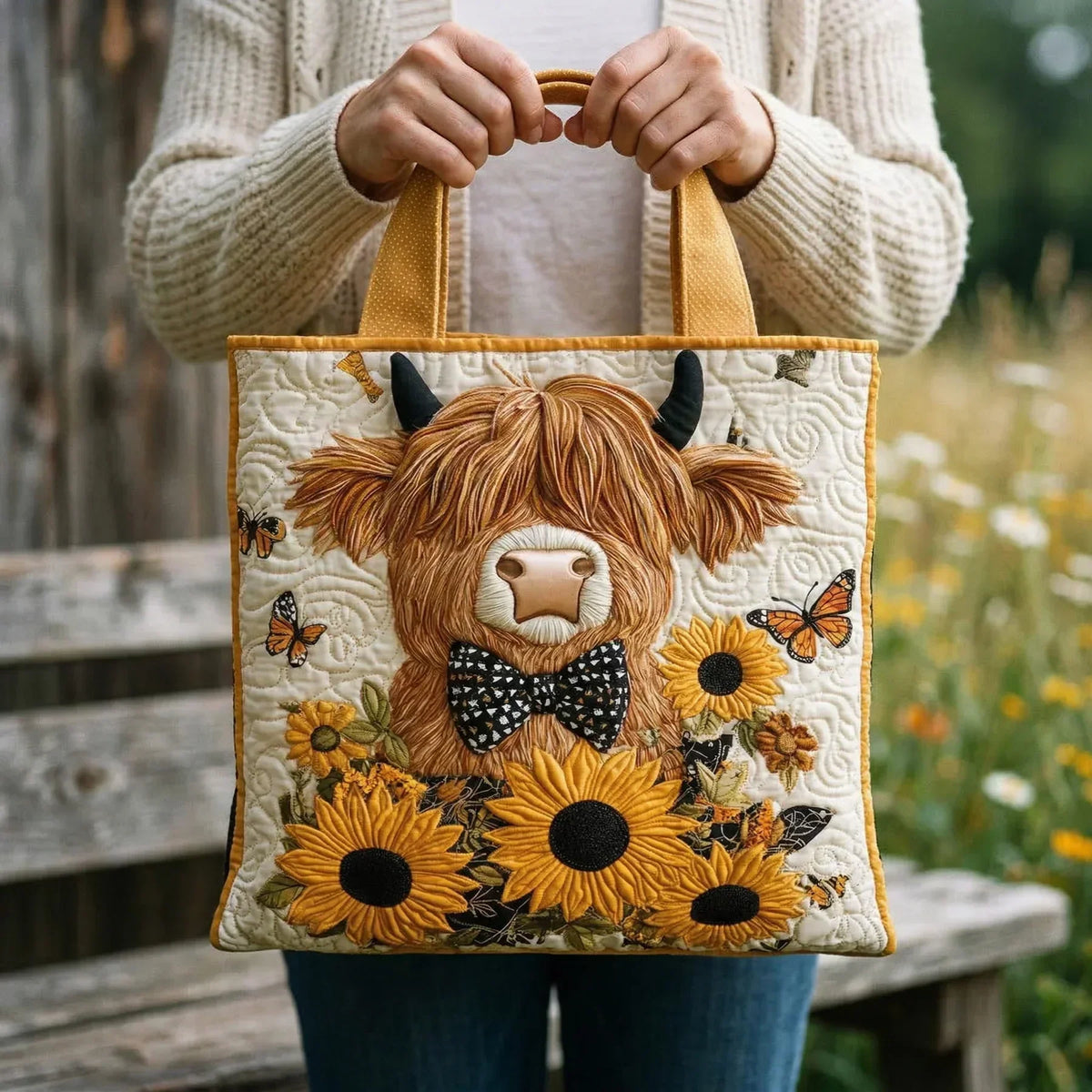 Borsa trapuntata - Mucca Highland con girasoli