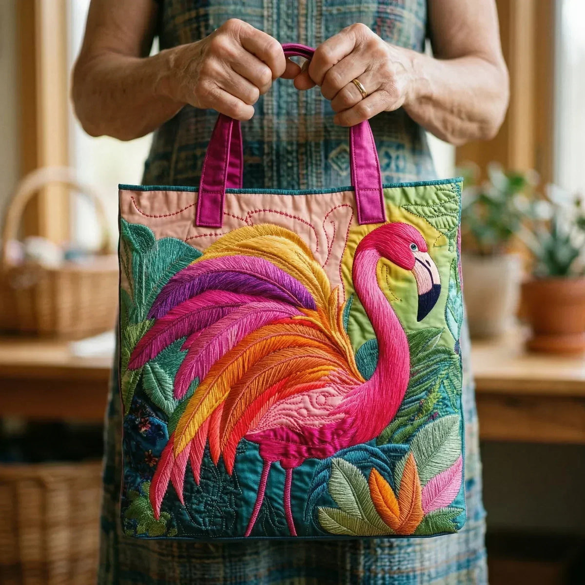 Borsa shopper trapuntata - Fenicottero arcobaleno