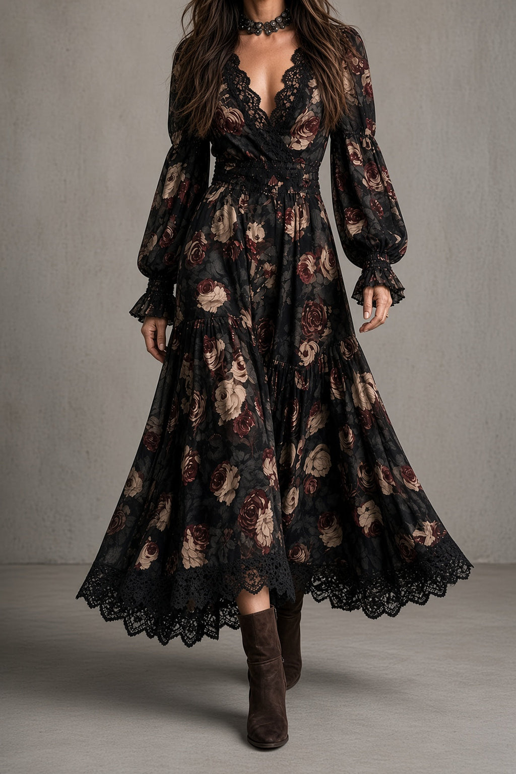 Elena | Abito Vintage Floreale con Pizzo
