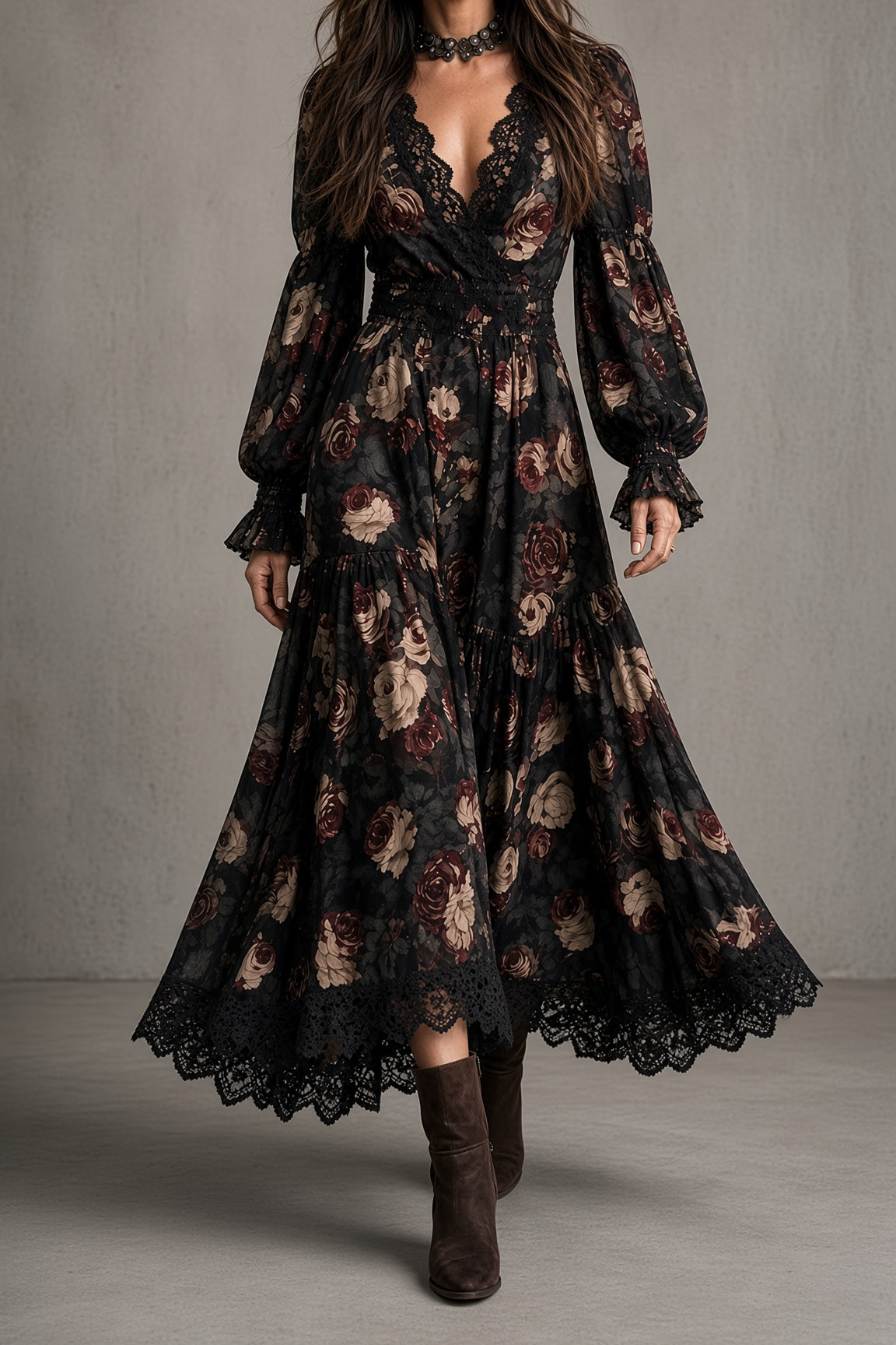 Elena | Abito Vintage Floreale con Pizzo