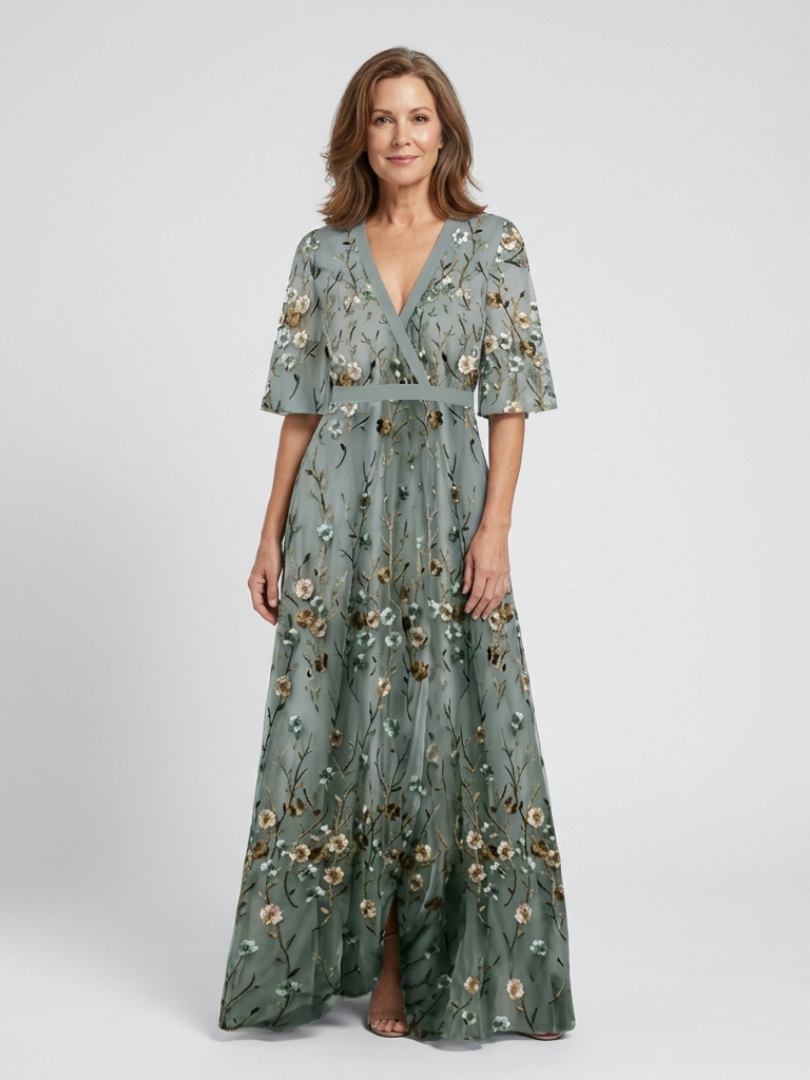 Evadne | Abito Maxi Floreale con Scollo a V e Maniche Corte