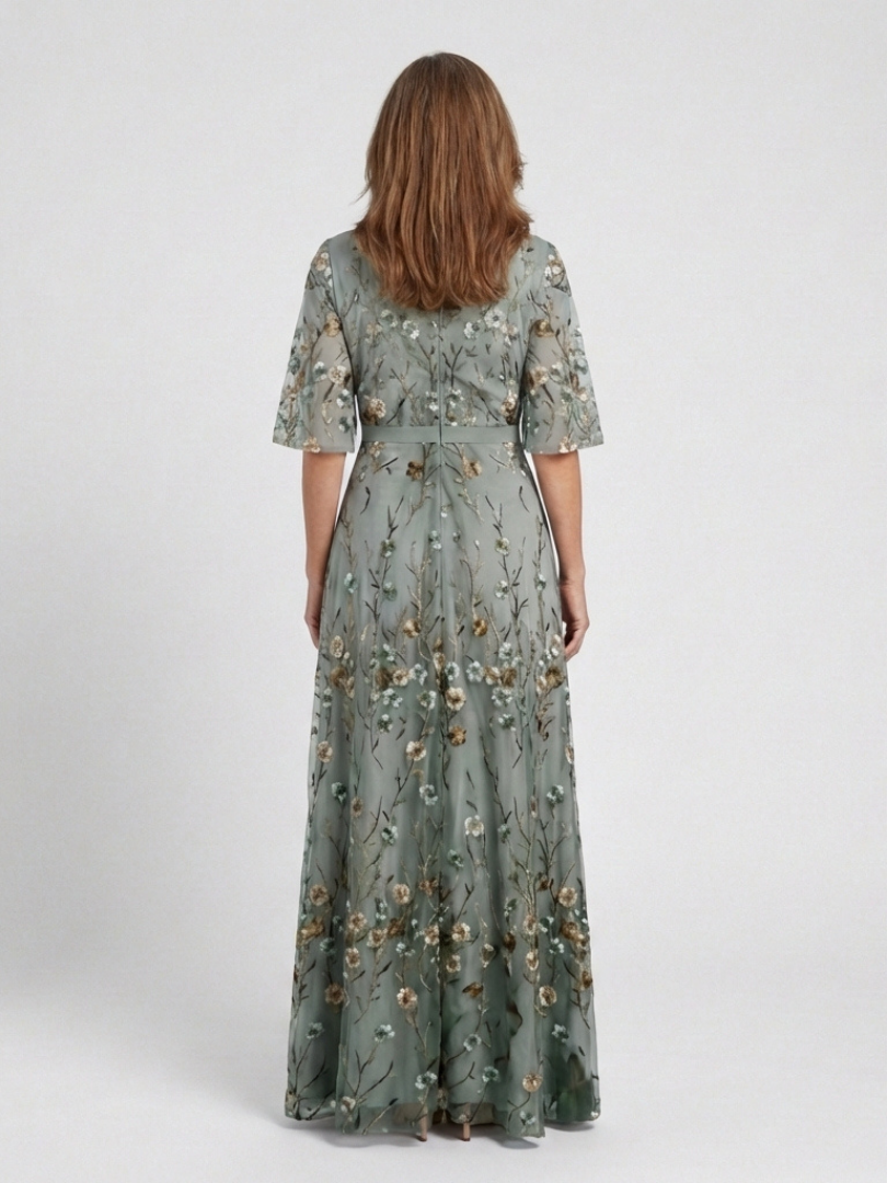 Evadne | Abito Maxi Floreale con Scollo a V e Maniche Corte