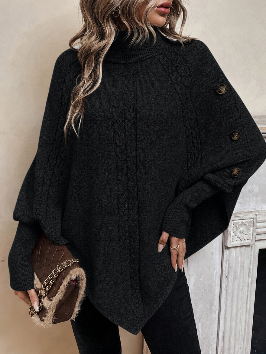 Alexis | Maglione poncho a collo alto con maniche a pipistrello, pullover asimmetrico in maglia a trecce