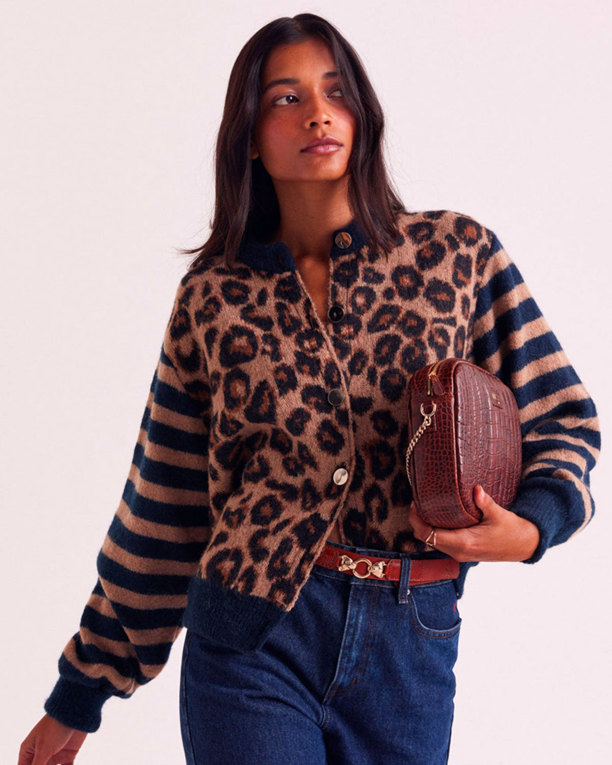 Cardigan Idole righe blu e leopardo