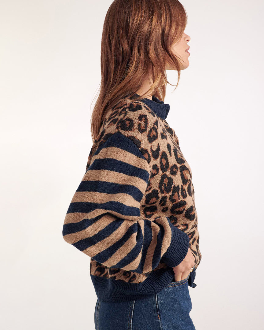 Cardigan Idole righe blu e leopardo