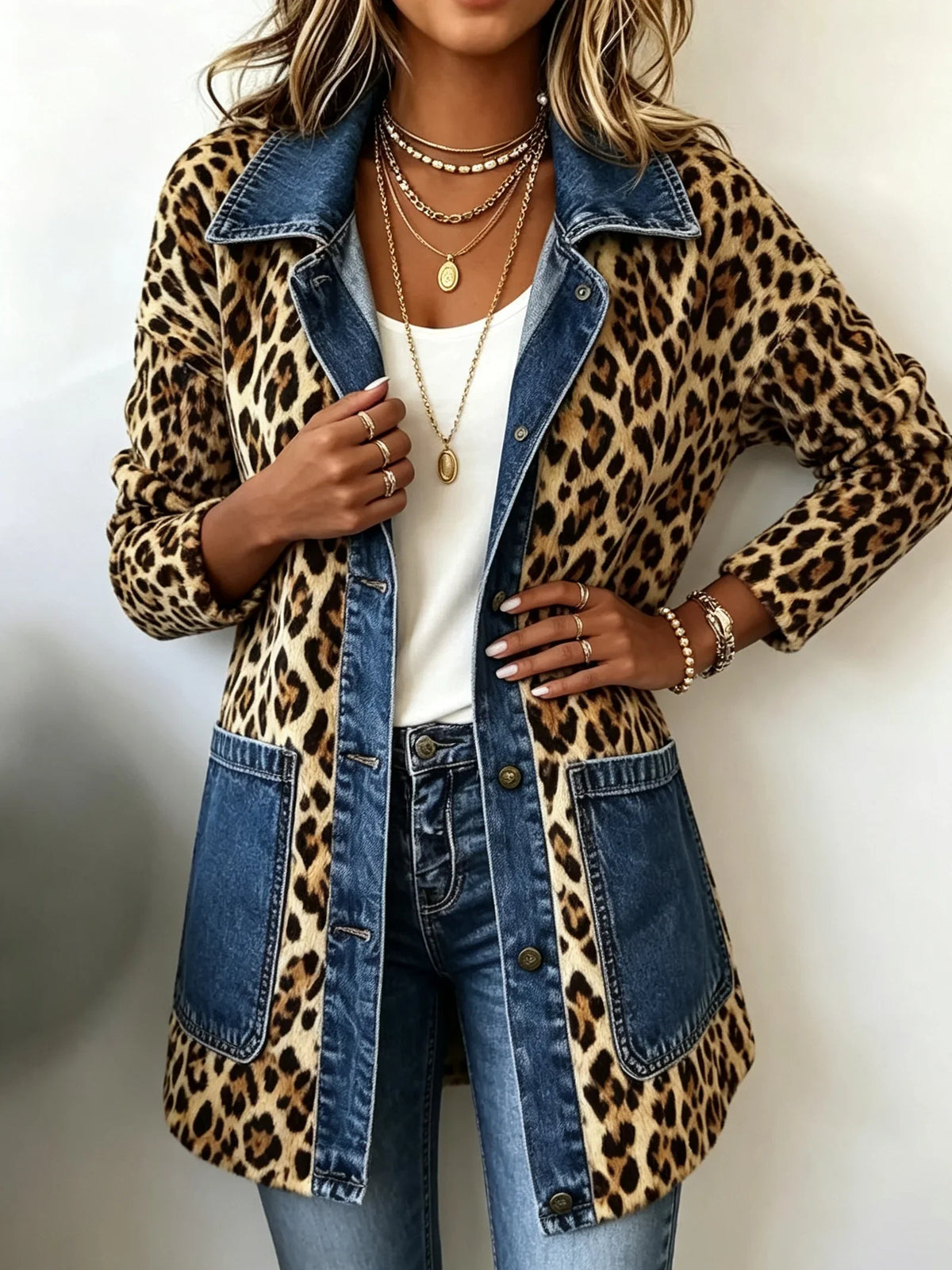 Nieves | Giacca Lunga Leopardata con Denim