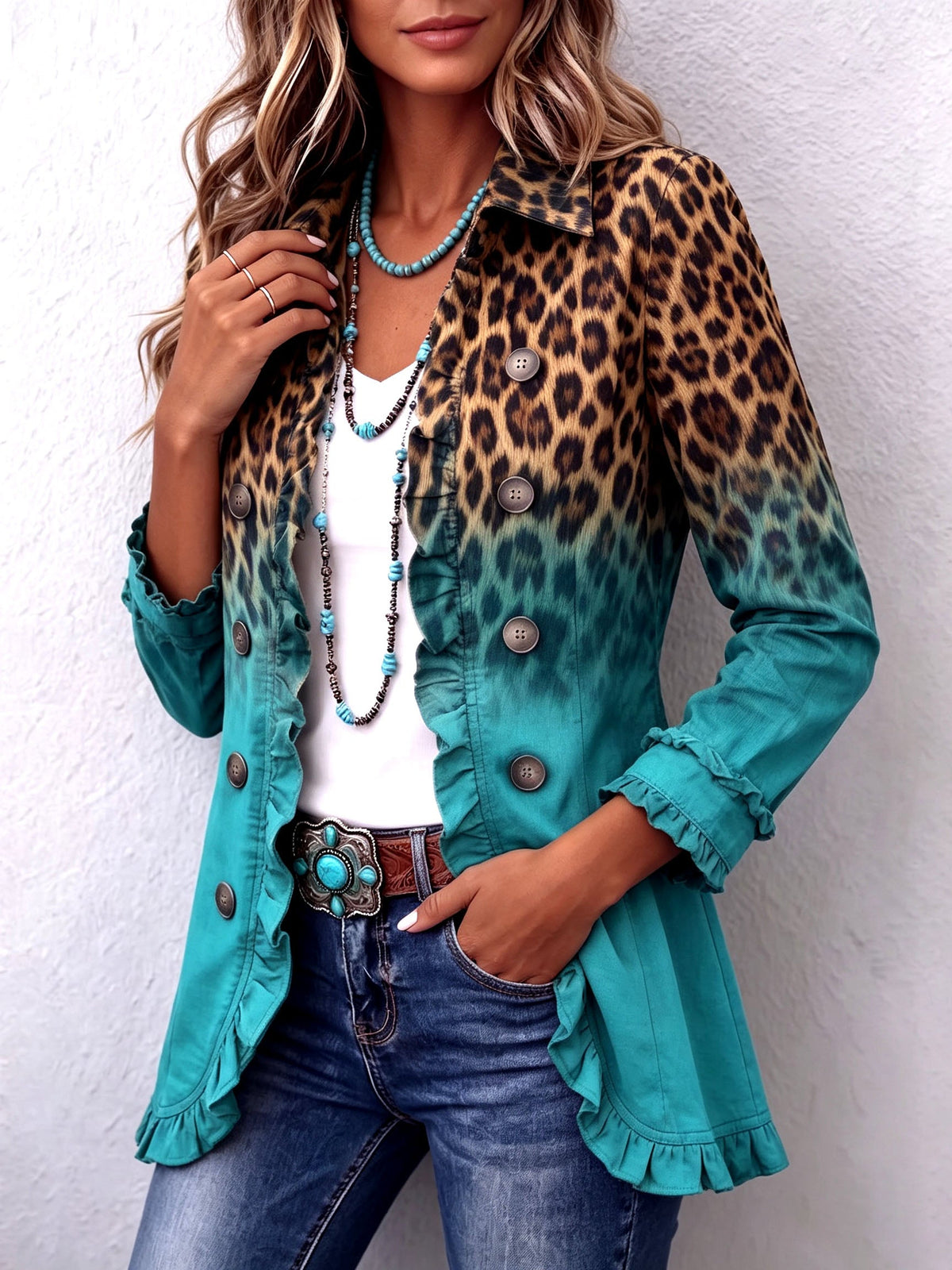 Herminia | Giacca Blazer Leopardato Sfumato con Volant