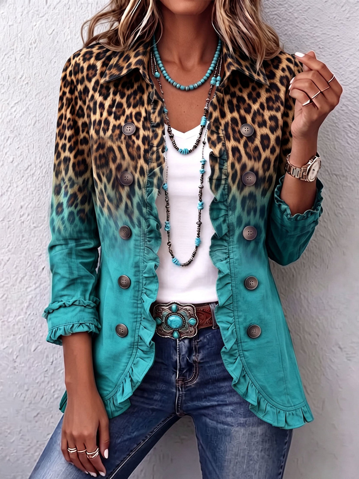 Herminia | Giacca Blazer Leopardato Sfumato con Volant