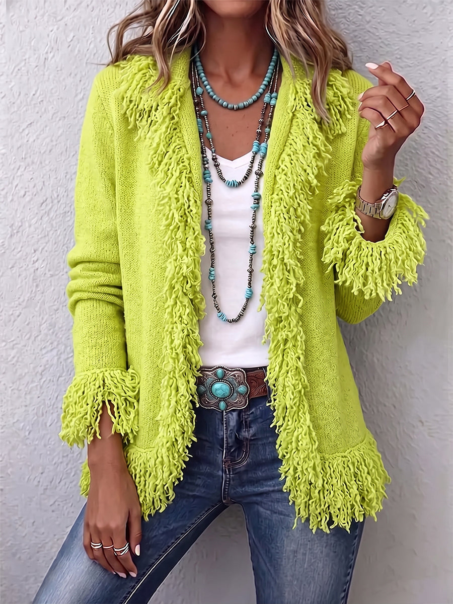 Cardigan Boho a Frange Verde Chartreuse Vibrante
