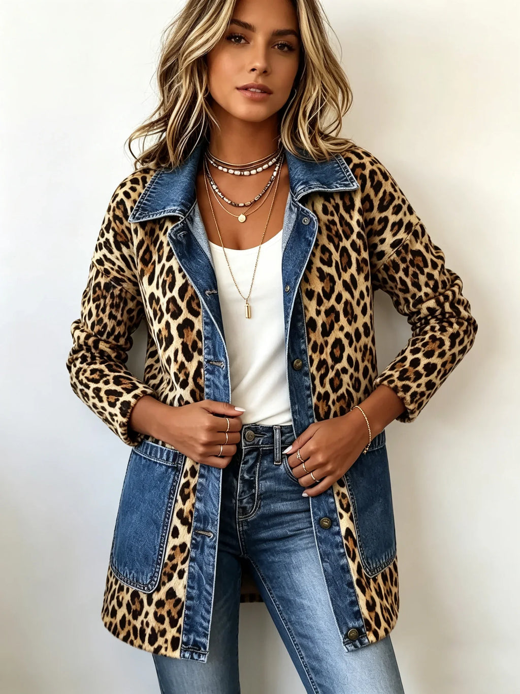 Nieves | Giacca Lunga Leopardata con Denim