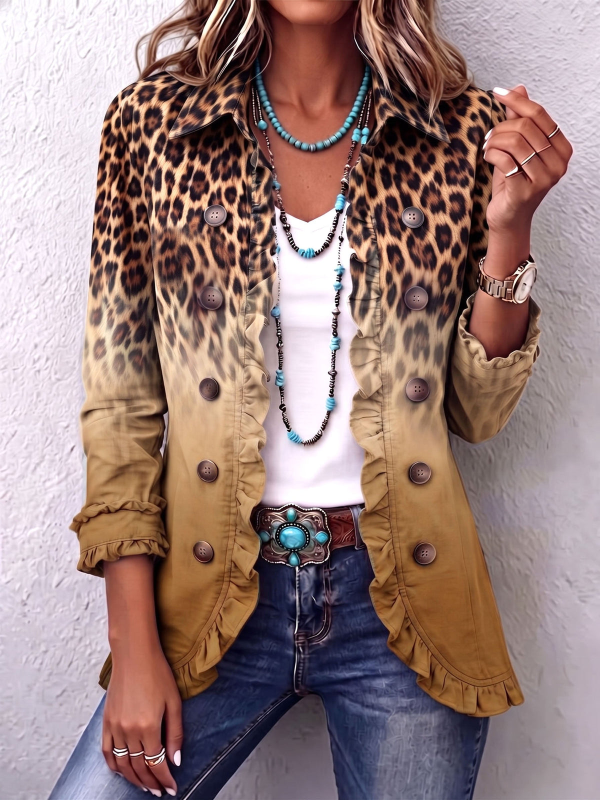 Trinidad | Giacca Blazer Leopardato Ocra con Volant