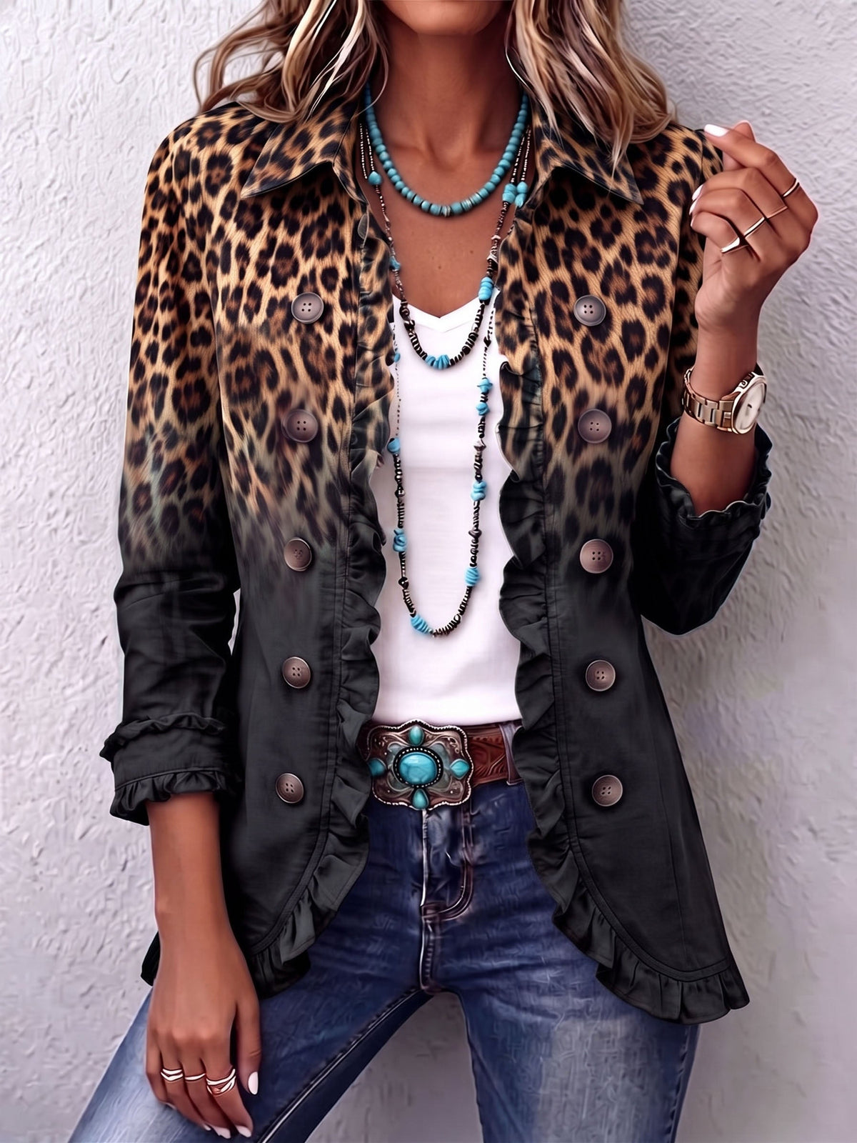 Águeda | Giacca Blazer Leopardato Nero con Volant
