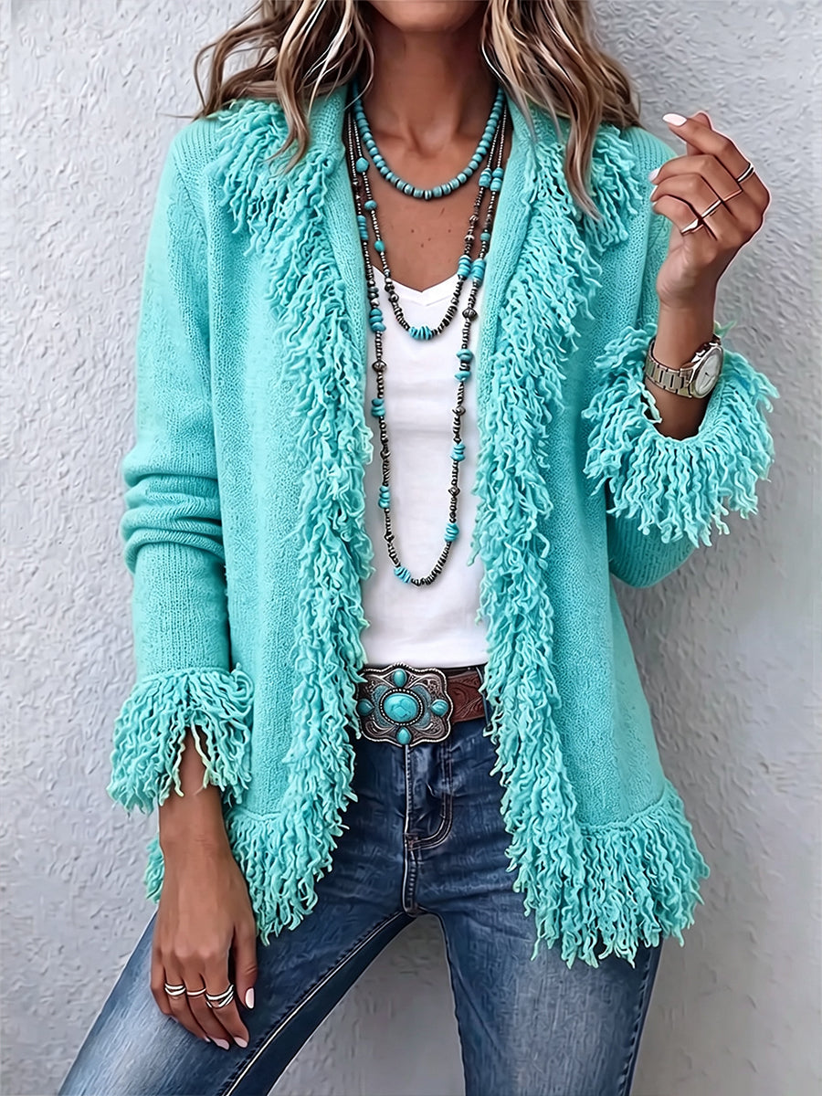 Cardigan Boho a Frange Verde Chartreuse Vibrante